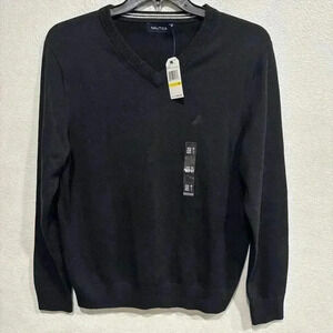 Nautica Sweater Adult Medium Black Lightweight Pullover V-Neck Men